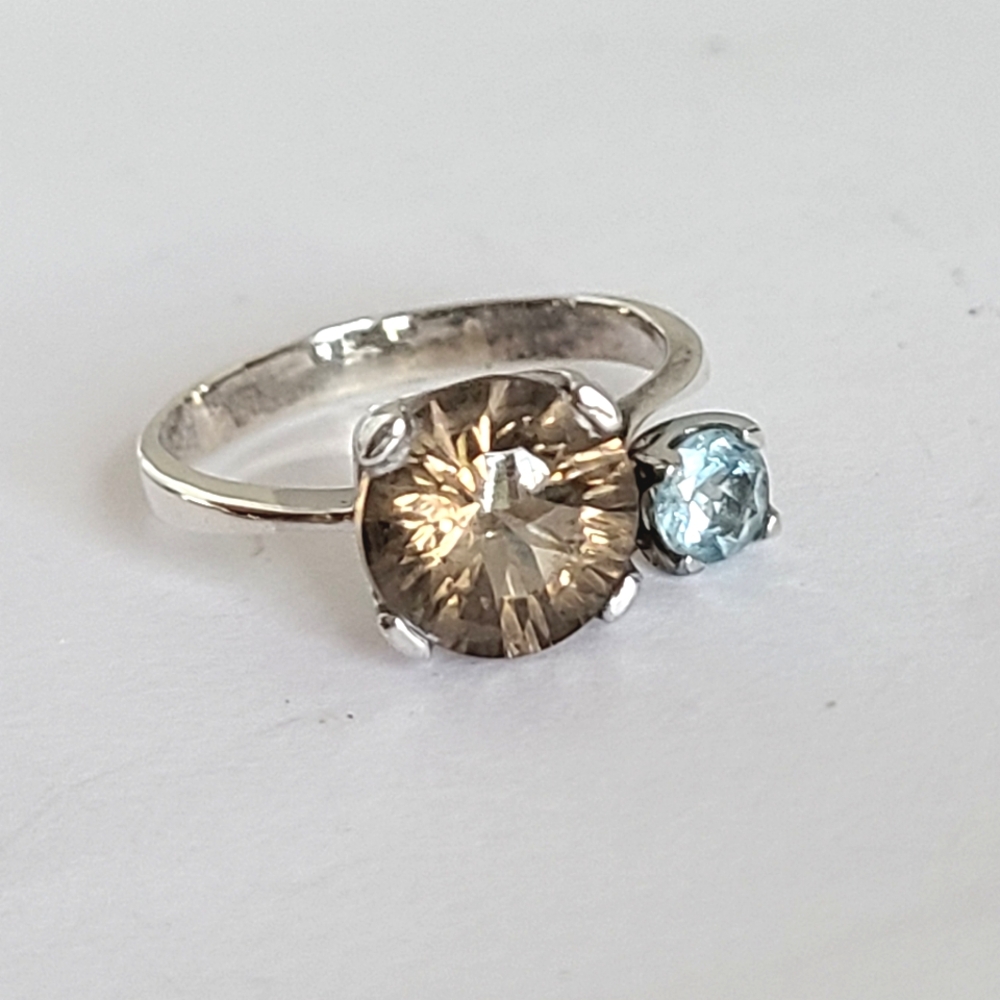 Vintage Boho Sterling Silver Smoky Quartz Blue Aquamarine Gemstone Ring